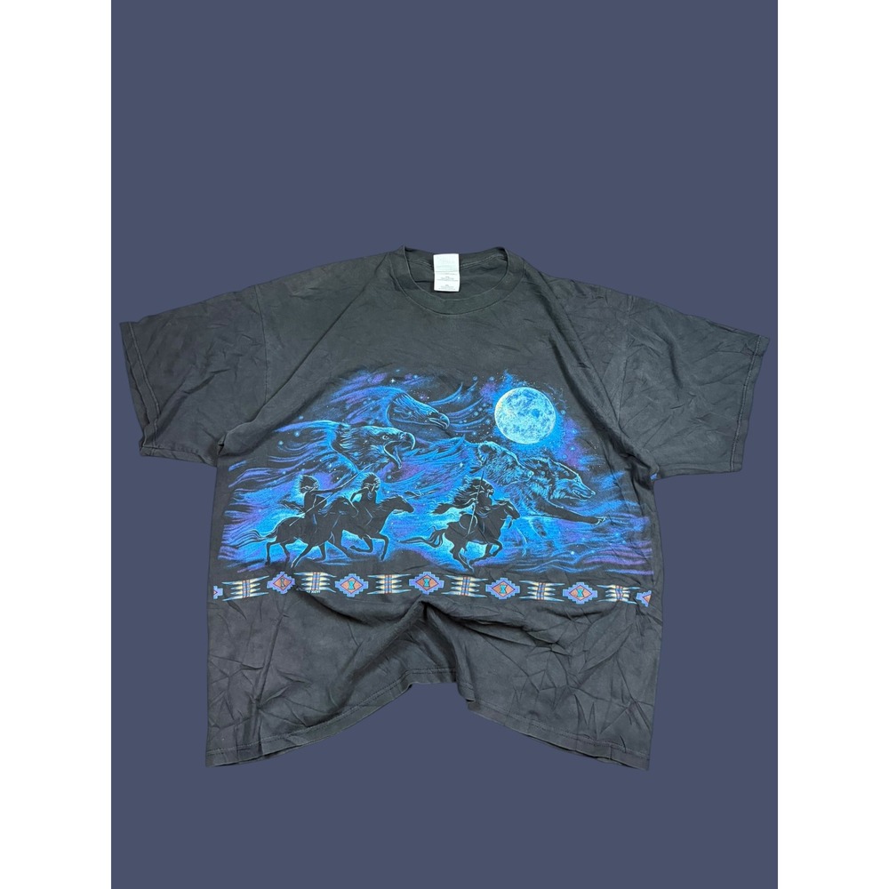 Vintage Habitat XCVI Native American Eagle Wolf Graphic T-Shirt XXL Black Gildan